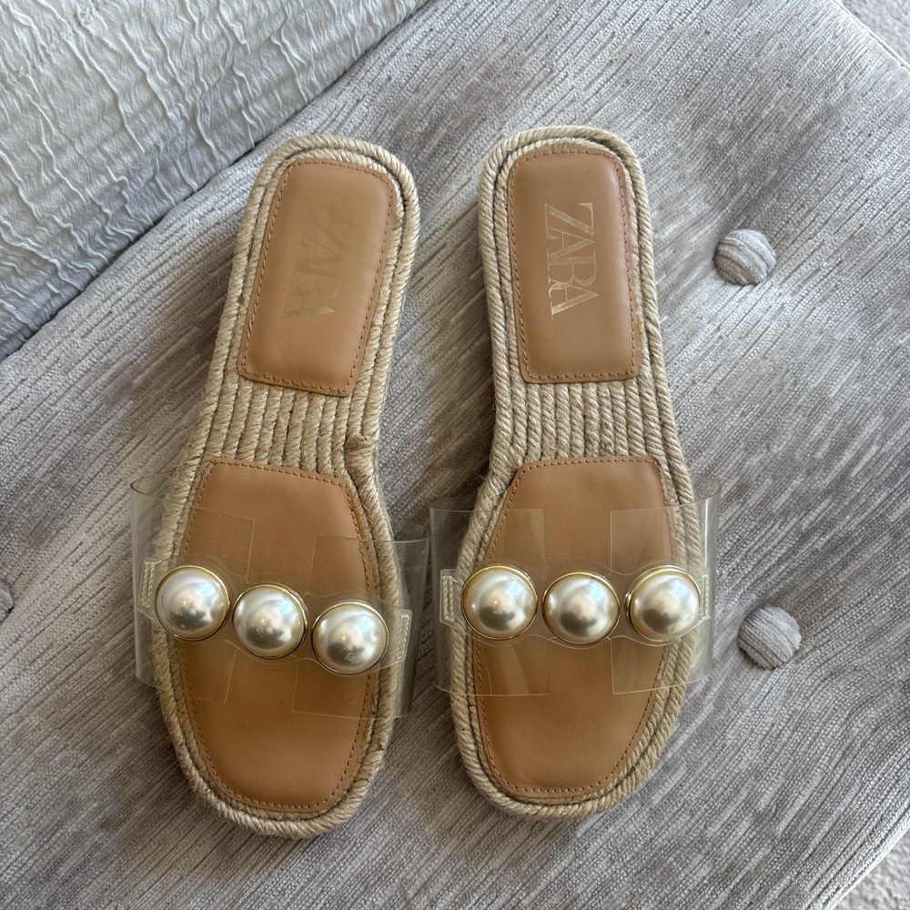 Zara Tan Sandals with Pearl Details